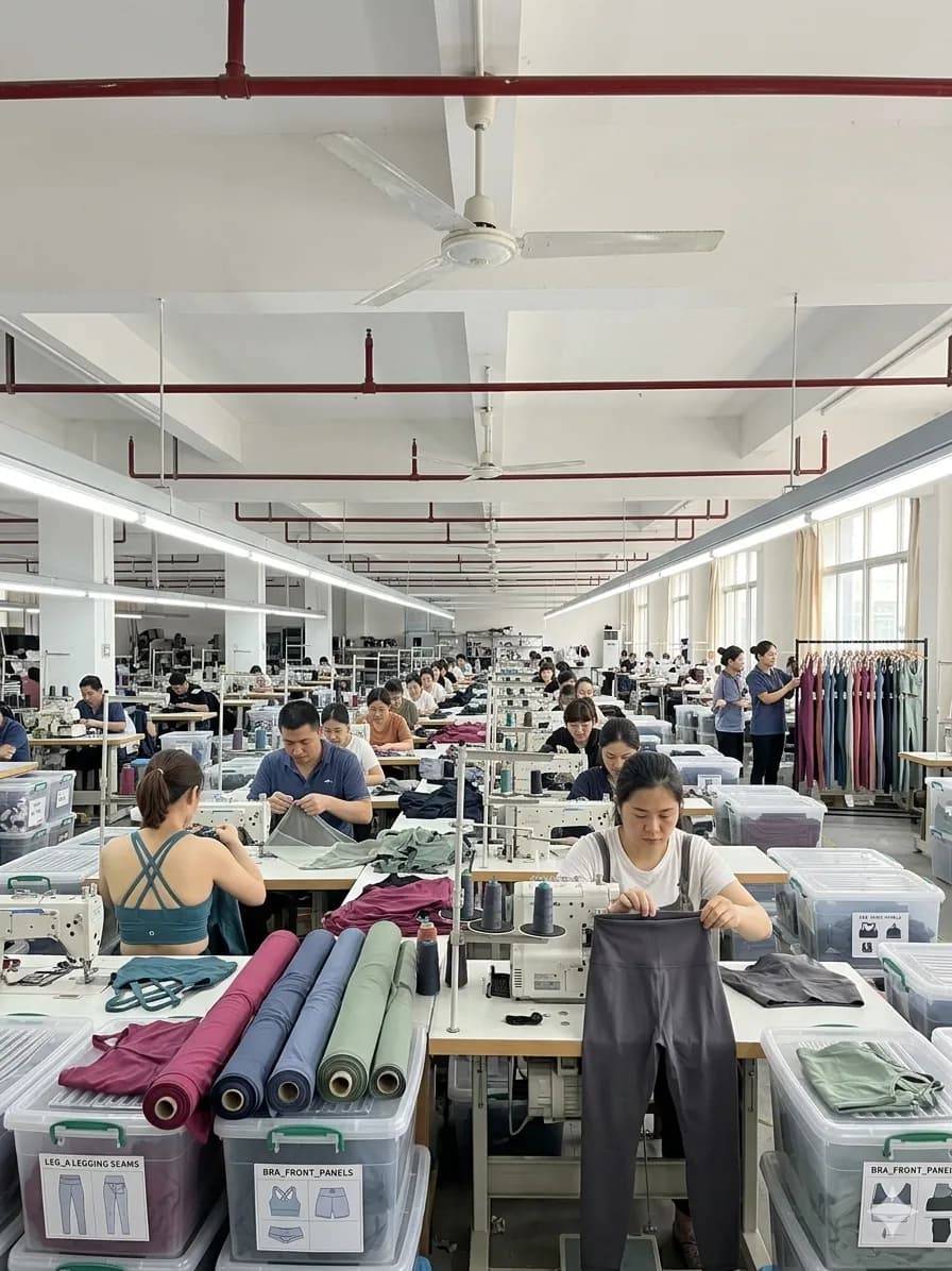 Workers sewing swimwear on the production floor