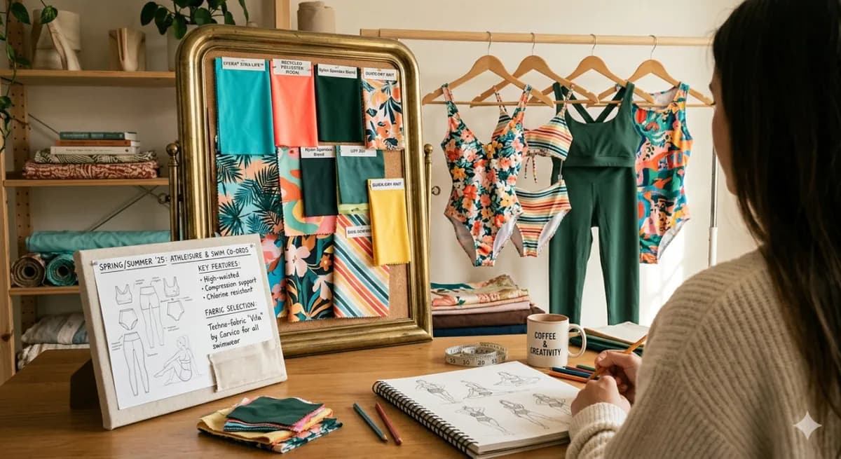 Designer sketching a swimwear collection with fabric swatches