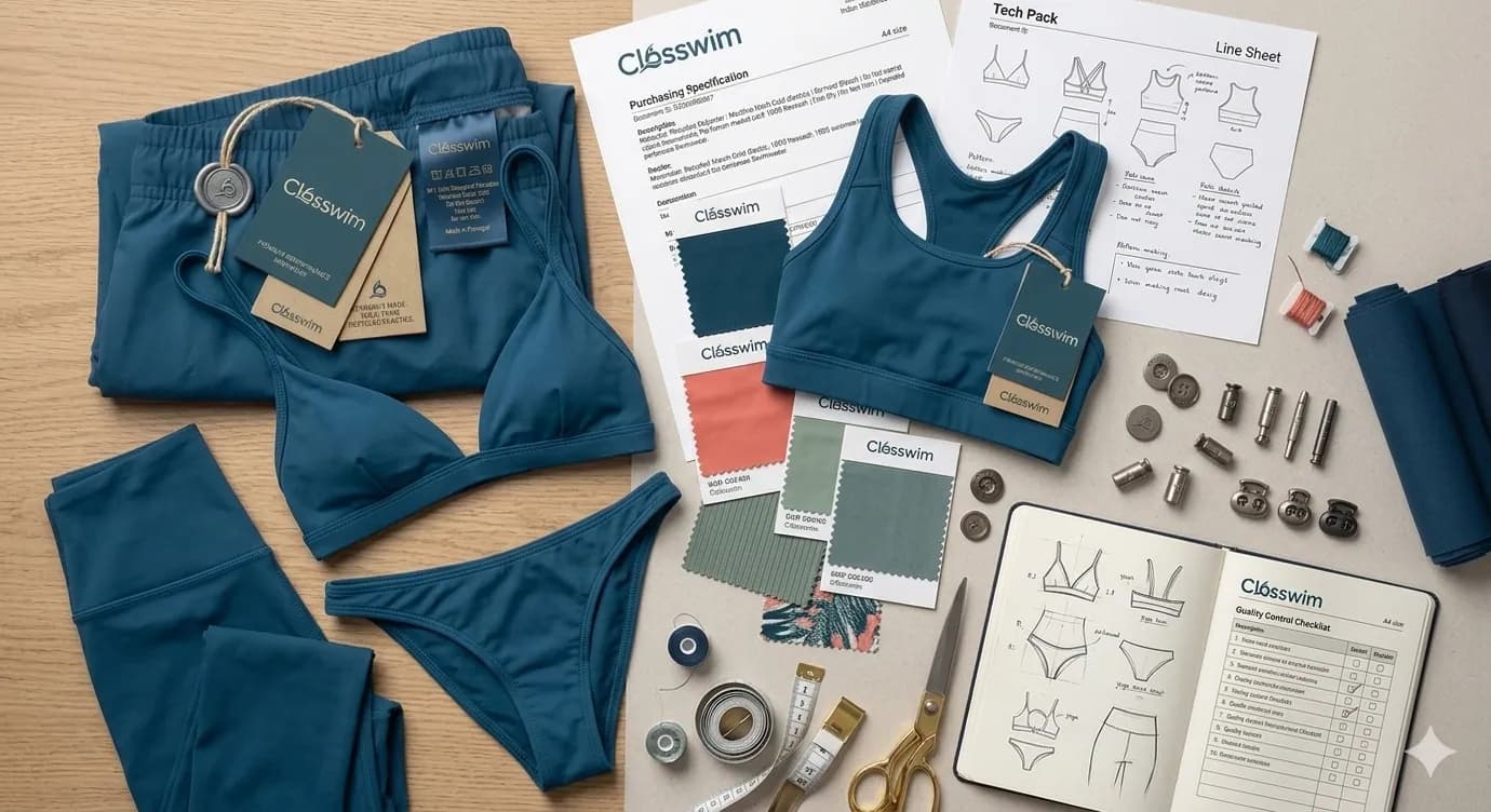 Closswim swimwear tech pack, fabric swatches, trims and hang tags