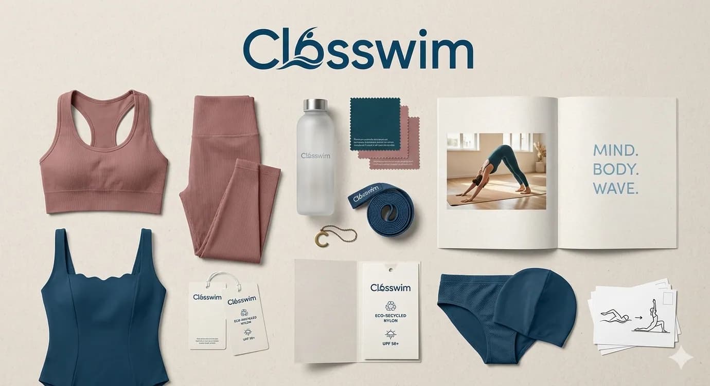 Closswim yoga wear flat lay with sports bra, leggings and packaging