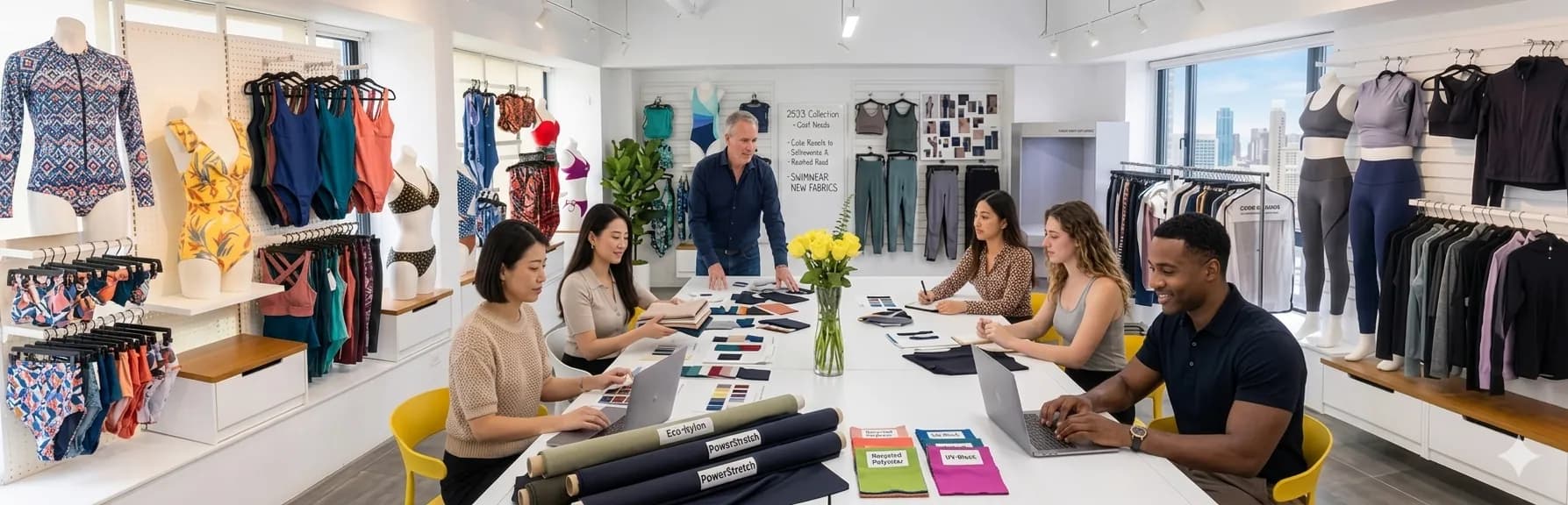 Swimwear sample room and showroom with design team
